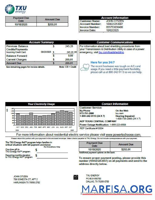 Downloadable USA TXU Energy utility bill template in Word and PDF formats, version 5